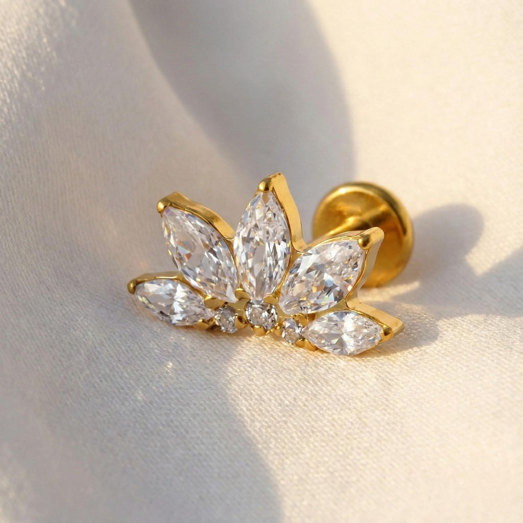 16G Titanium Lotus Flower Stud, Marquise CZ Fan Flat Back, Hypoallergenic Helix Tragus Conch Piercing, Floral Cartilage Jewelry
