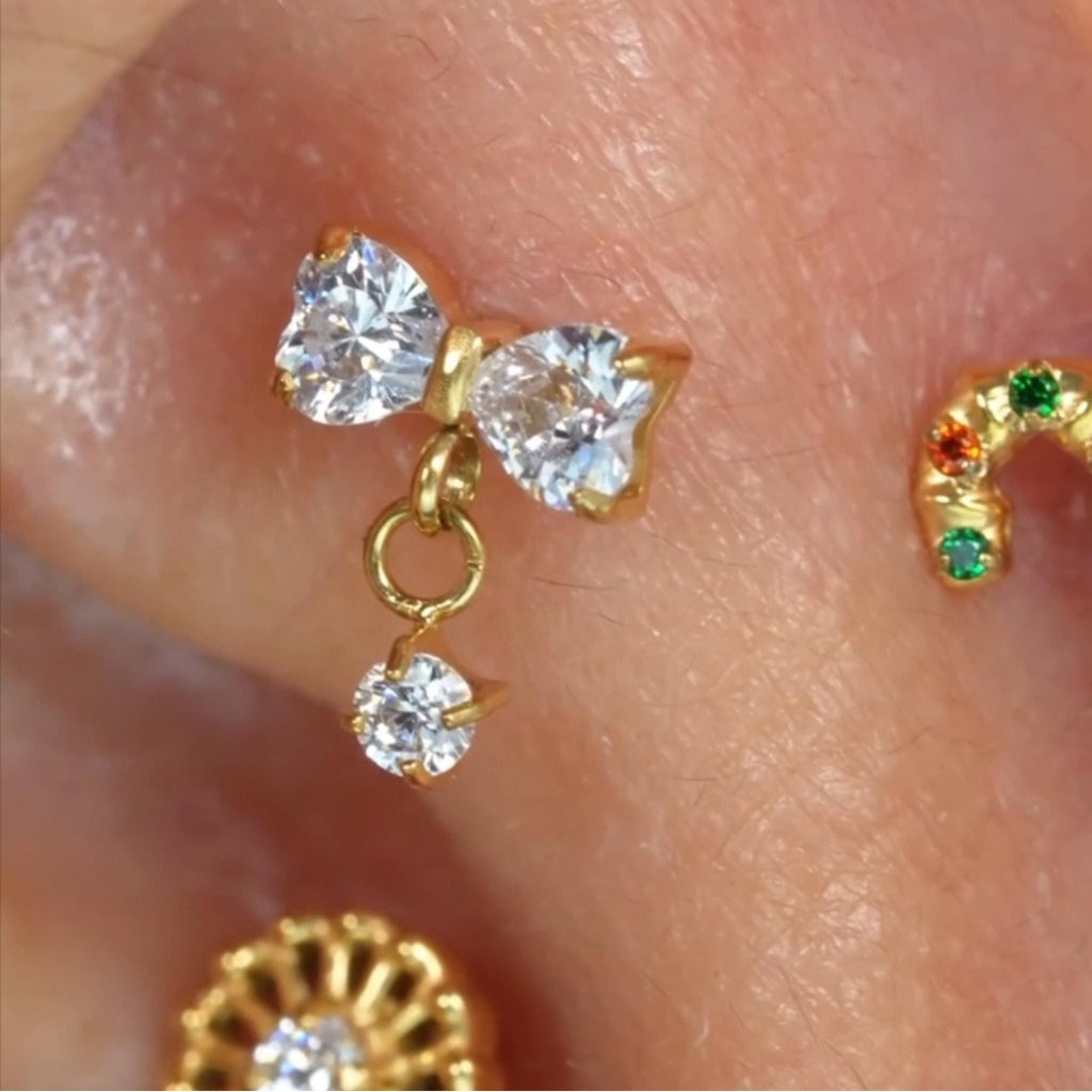 16G Titanium Bow Dangle Stud, CZ Ribbon Drop Earring, Flat Back Helix Tragus Piercing, Coquette Bridal Jewelry