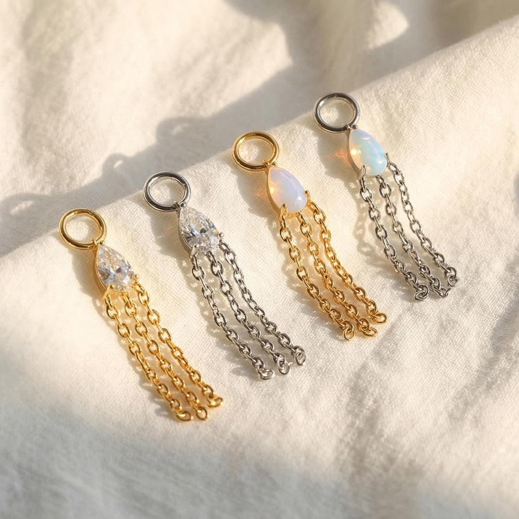 Titanium Piercing Chain Connector, Teardrop Moonstone CZ Charm, Dangle Cartilage Helix Accessory, Dainty Hoop Drop Earring Add-on
