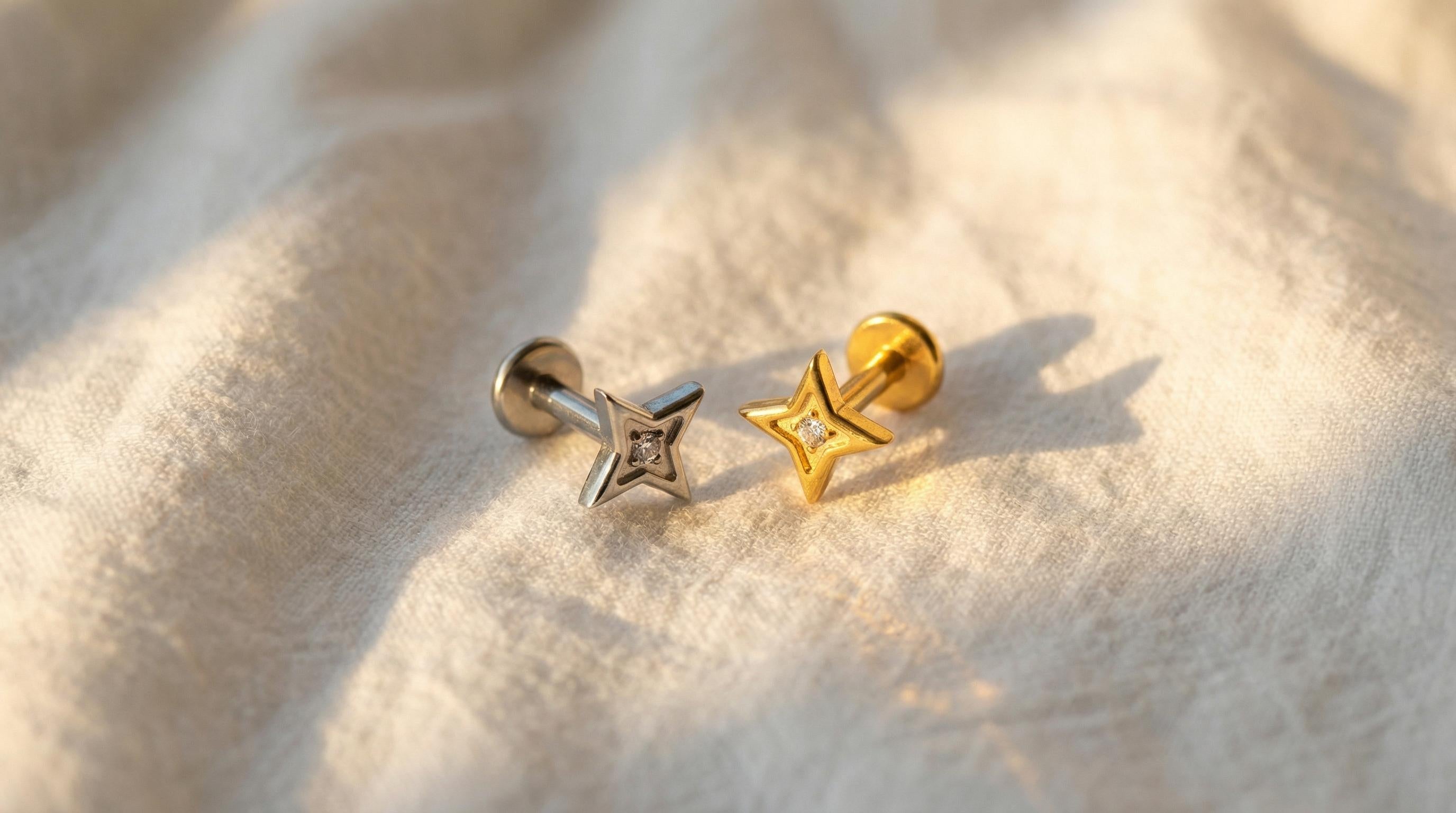 16G Titanium North Star Stud, CZ Four Point Star Flat Back, Internally Threaded Lip Medusa Monroe Ring, Helix Tragus Cartilage