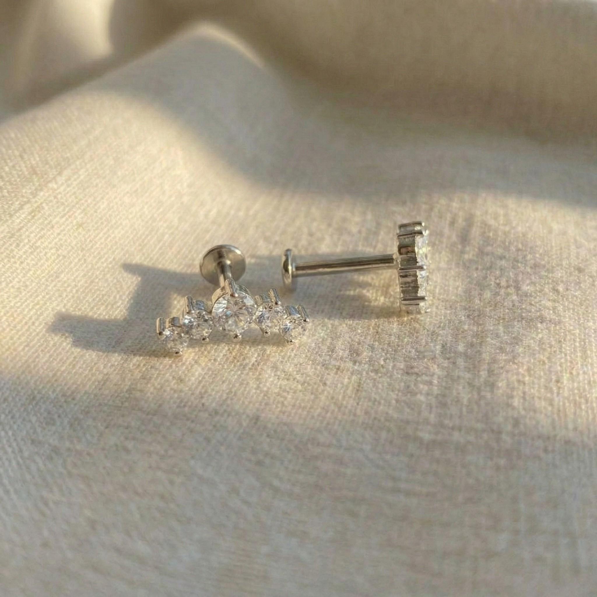 16G Titanium CZ Cluster Labret • Flat Back Curved Climber Earring • Helix, Cartilage & Tragus Piercing Jewelry
