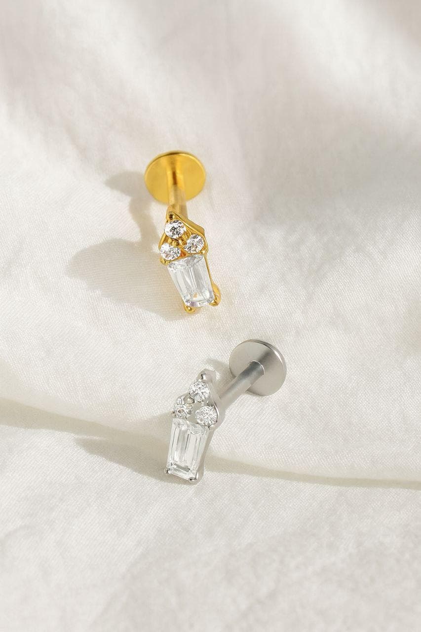 16G Titanium Mini Baguette & Round CZ Stud • Dainty Flat Back Earring for Helix, Cartilage, Tragus/Nose Piercings