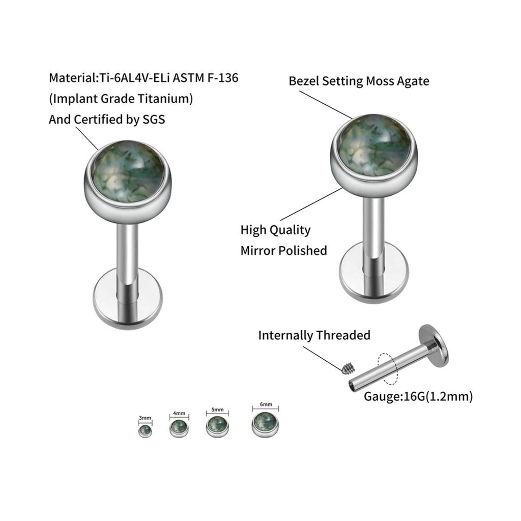 Natural Moss Agate Titanium Stud, 16G Flat Back Labret, Green Gemstone Helix Conch Tragus Monroe Ring, Hypoallergenic Cartilage Piercing