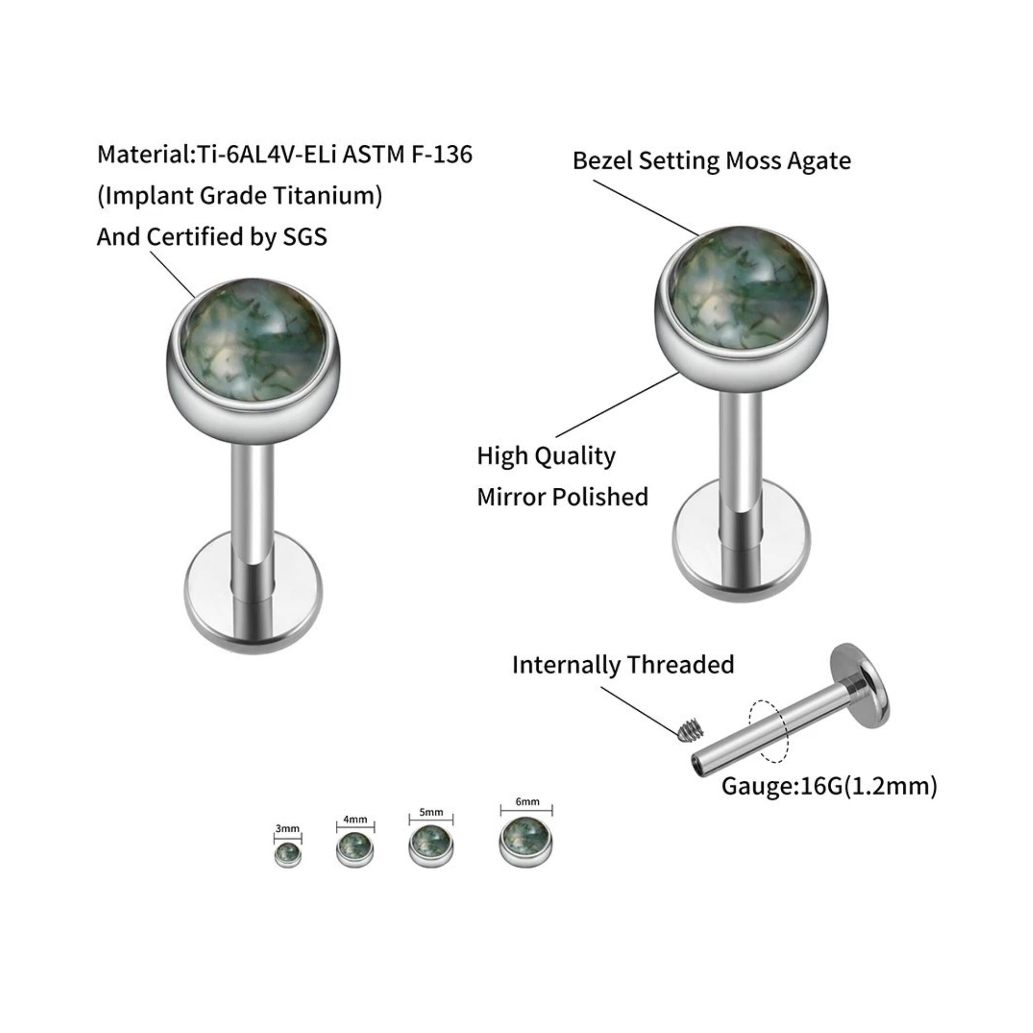 Natural Moss Agate Titanium Stud, 16G Flat Back Labret, Green Gemstone Helix Conch Tragus Monroe Ring, Hypoallergenic Cartilage Piercing