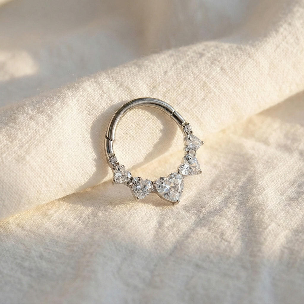 16G Titanium Heart Daith Clicker, CZ Paved Septum Ring, Hinged Segment Hoop, Hypoallergenic Cartilage Earring, Gold Silver