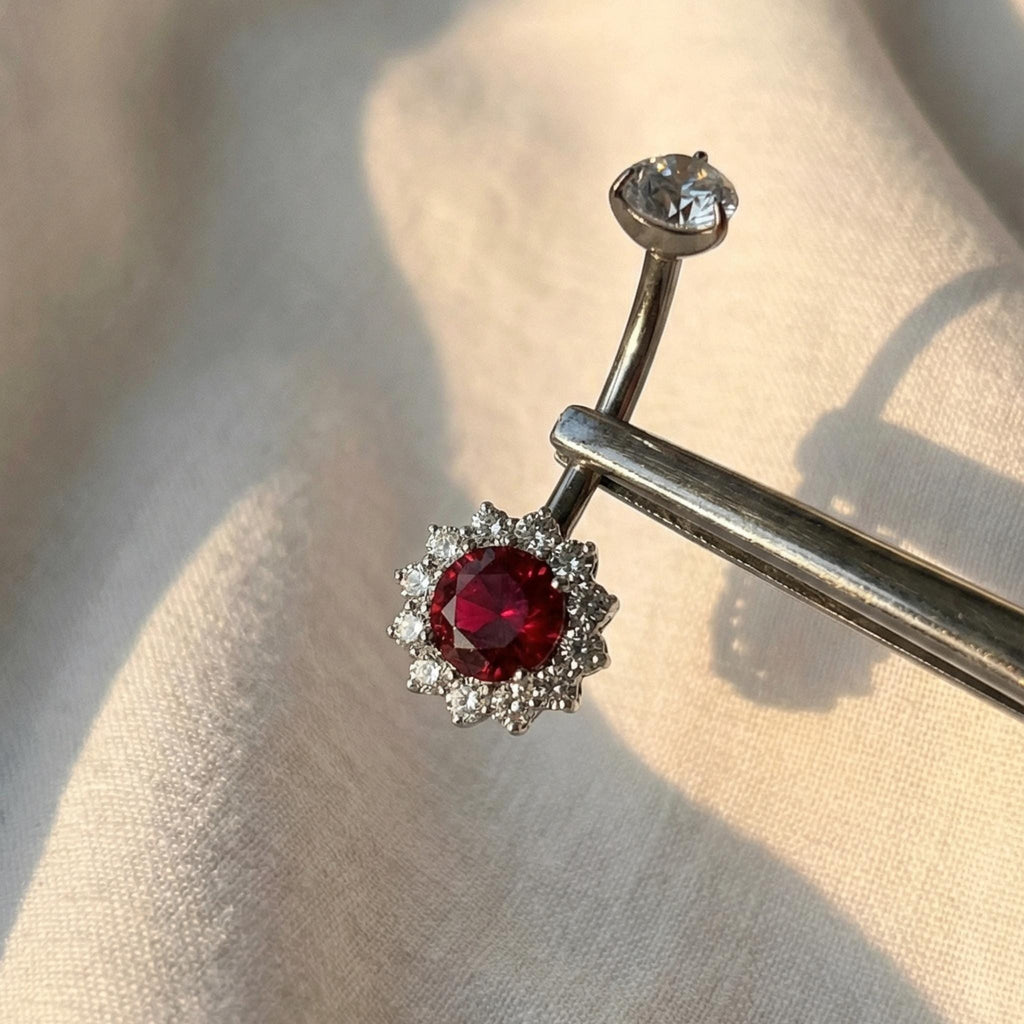 14G Titanium Halo Belly Ring, Opal Garnet CZ Navel Piercing, Luxurious Round Gem Body Jewelry, Curved Barbell ASTM F136