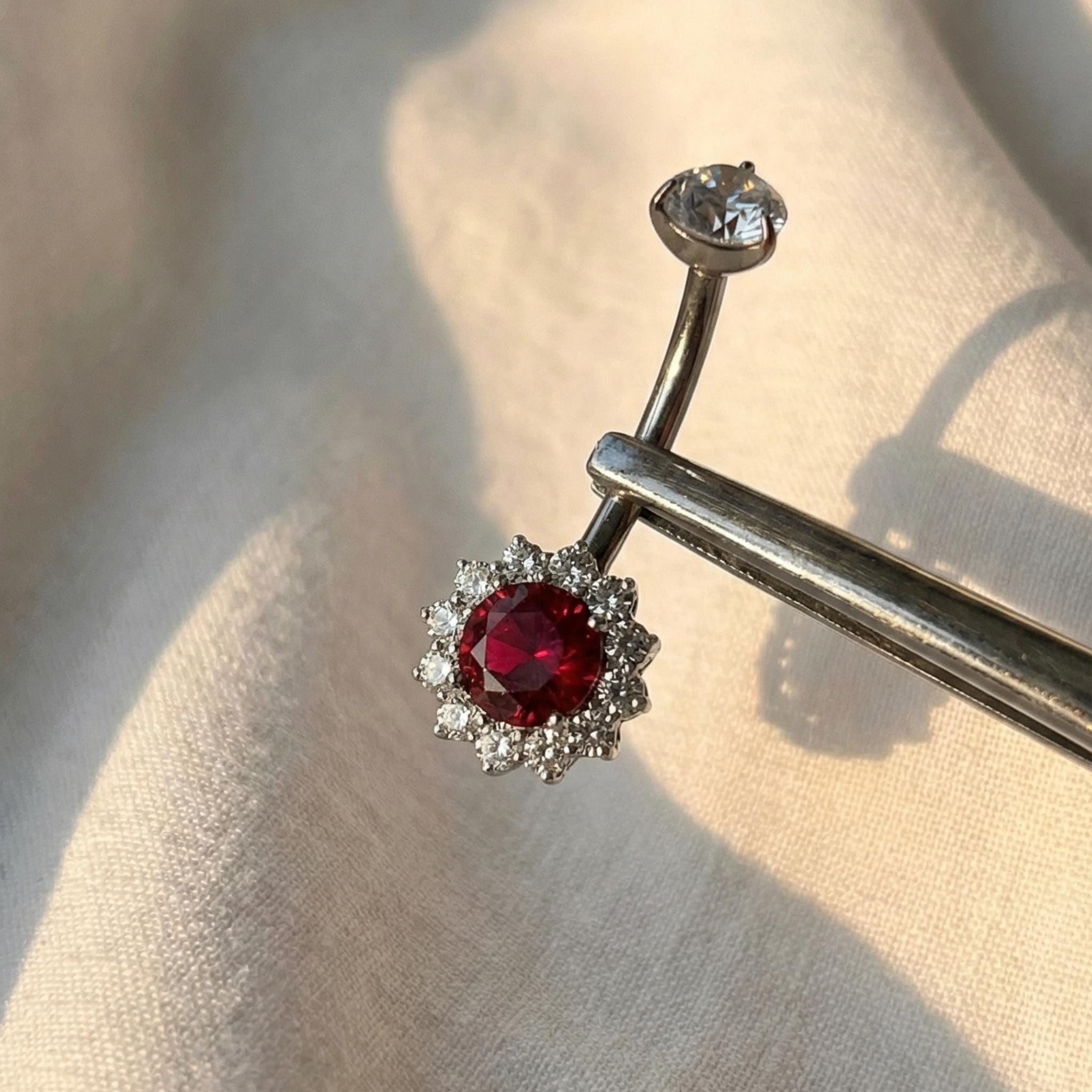 14G Titanium Halo Belly Ring, Opal Garnet CZ Navel Piercing, Luxurious Round Gem Body Jewelry, Curved Barbell ASTM F136