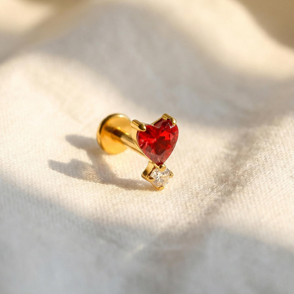 16G Titanium Garnet Heart Stud, Red CZ Flat Back Labret, Tragus Helix Cartilage Earring, Hypoallergenic Valentine Piercing