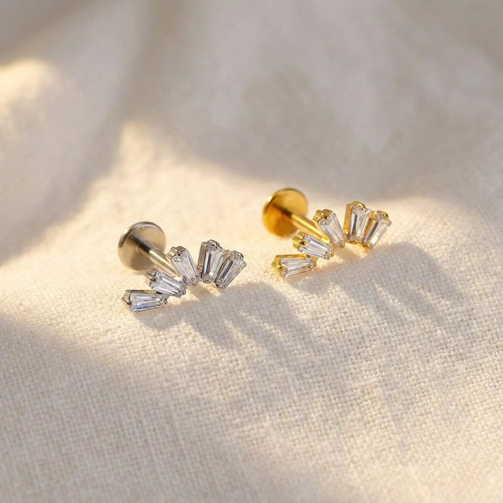 Titanium Baguette CZ Labret, 16G Trapezoid Cluster Stud, Tragus Helix Conch Cartilage Earring, Hypoallergenic Flat Back