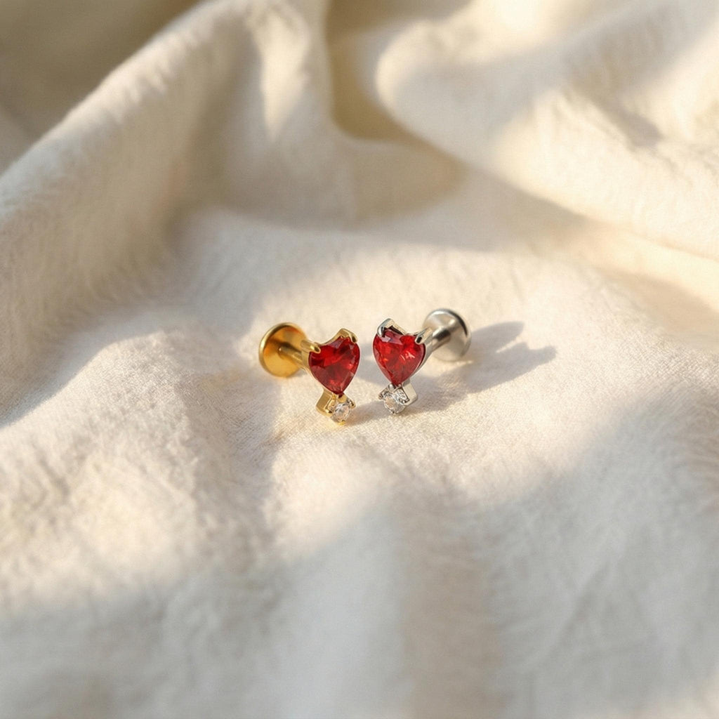 16G Titanium Garnet Heart Stud, Red CZ Flat Back Labret, Tragus Helix Cartilage Earring, Hypoallergenic Valentine Piercing