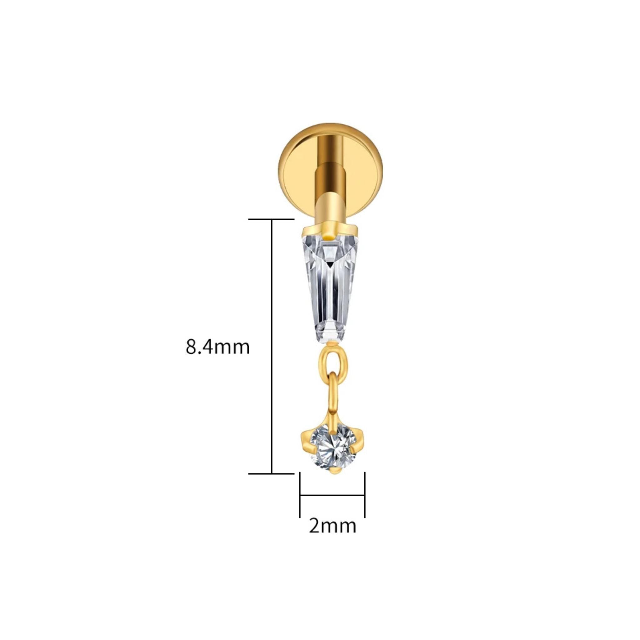 16G Titanium Baguette Dangle Stud, CZ Drop Cartilage Earring, Flat Back Helix Piercing, Hypoallergenic Tragus Lobe Jewelry