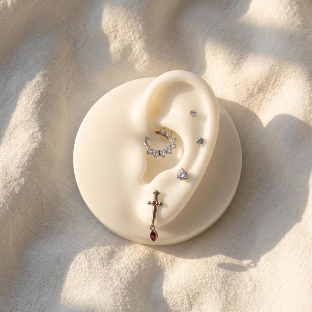 16G Sword Marquise Dangle Flat Back Stud, Screw Back Earrings, Internally Threaded, Cartilage, Conch, Helix, Tragus, Gold, Silver