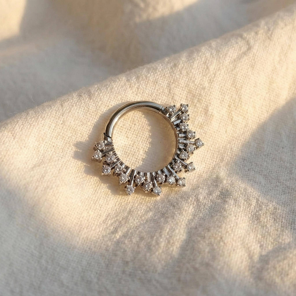 16G Titanium Sunburst Septum Clicker, Radiant CZ Daith Hoop, Hinged Segment Ring, Hypoallergenic Cartilage Piercing