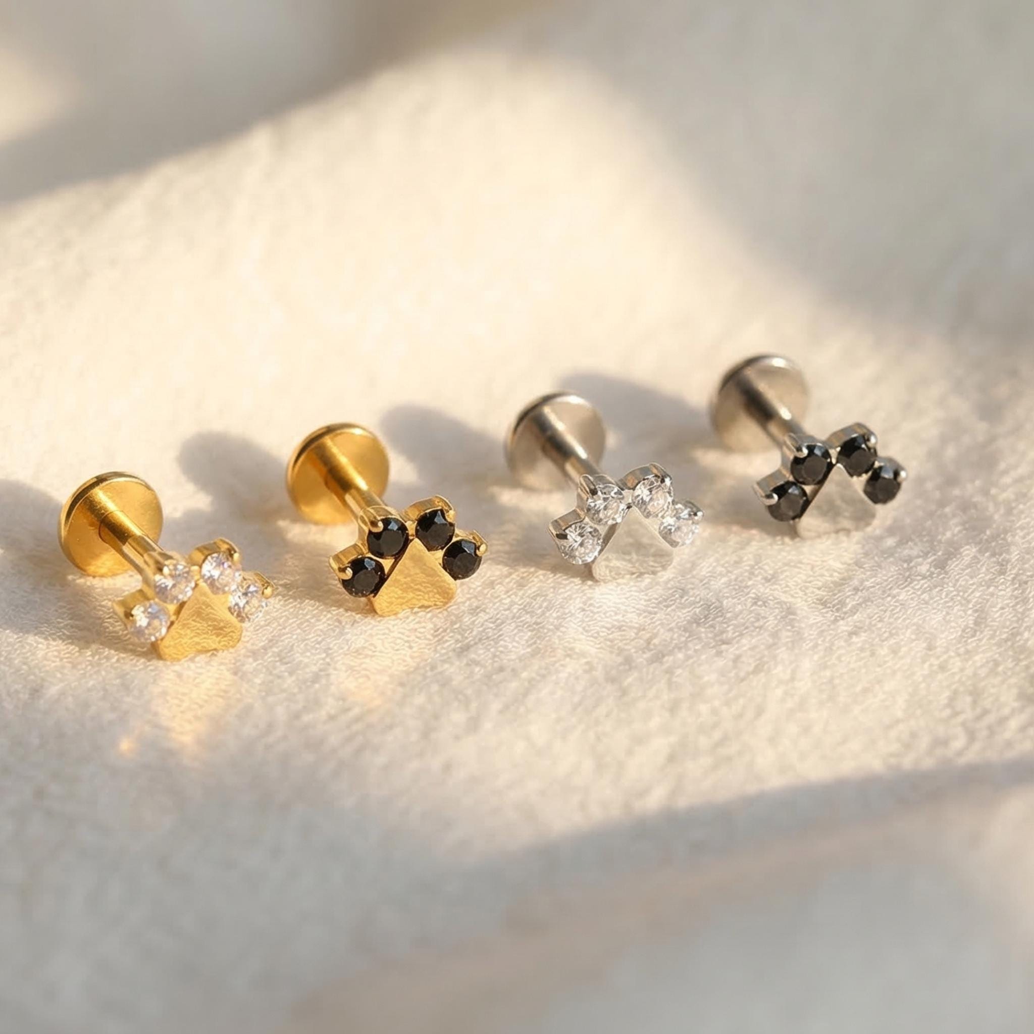 16G Titanium Cat Paw Stud, Black CZ Cartilage Earring, Tiny Pet Animal Helix Piercing, Flat Back Tragus Labret Jewelry
