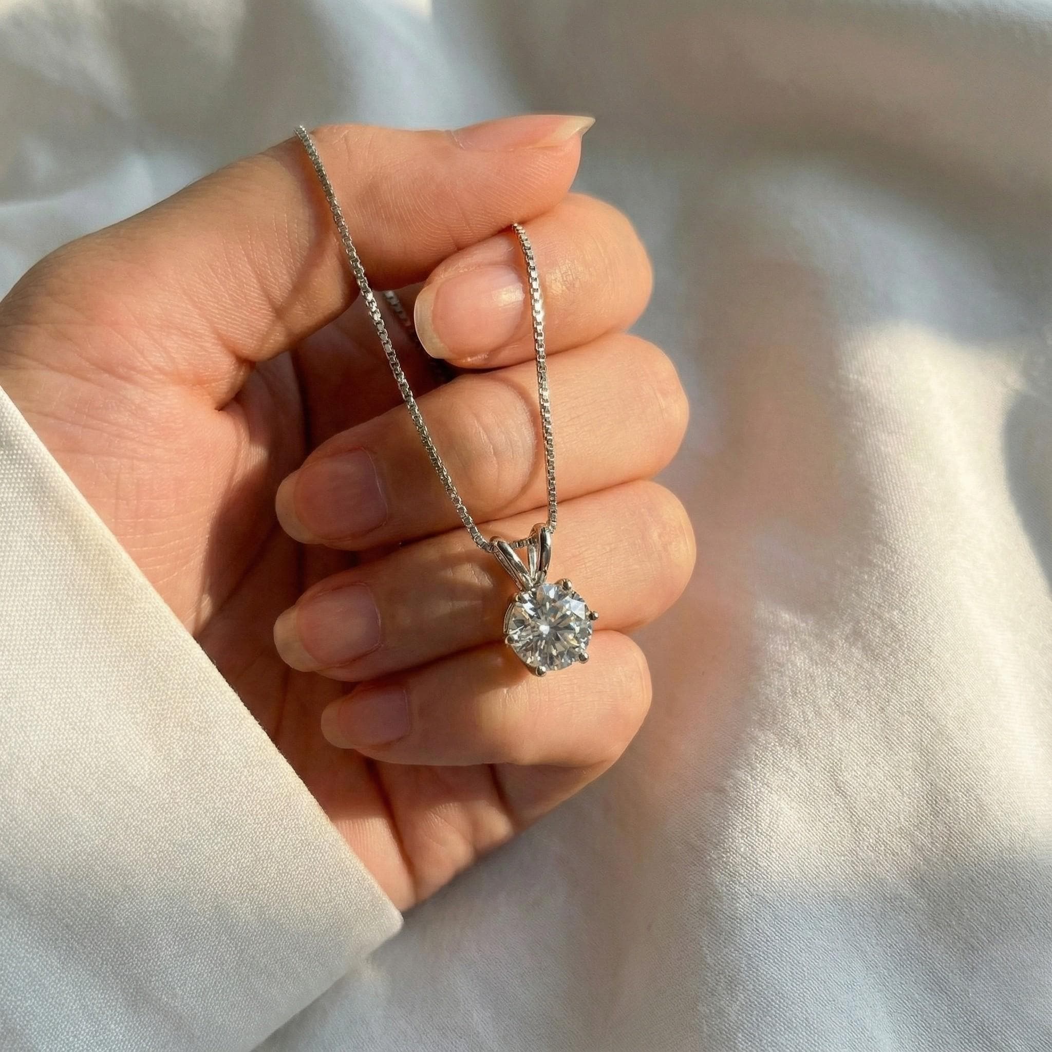 Moissanite Solitaire Diamond Necklace, Gold Solitaire Diamond Pendant, Dainty Moissanite Necklace, Floating Diamond, Single Diamond Necklace