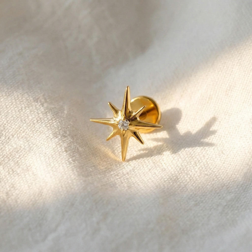 16G Titanium North Star Stud, CZ Starburst Flat Back Earring, Sparkly Helix Tragus Conch Piercing, Hypoallergenic Celestial Labret