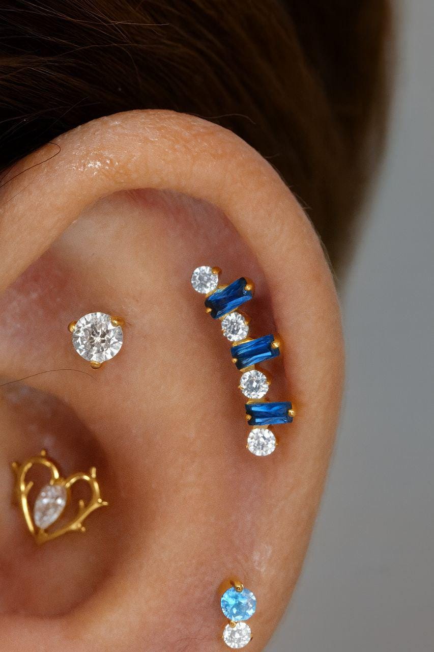 16G Titanium Baguette CZ Labret • Internally Threaded Flat Back Earring • Helix, Tragus & Cartilage Piercing Jewelry