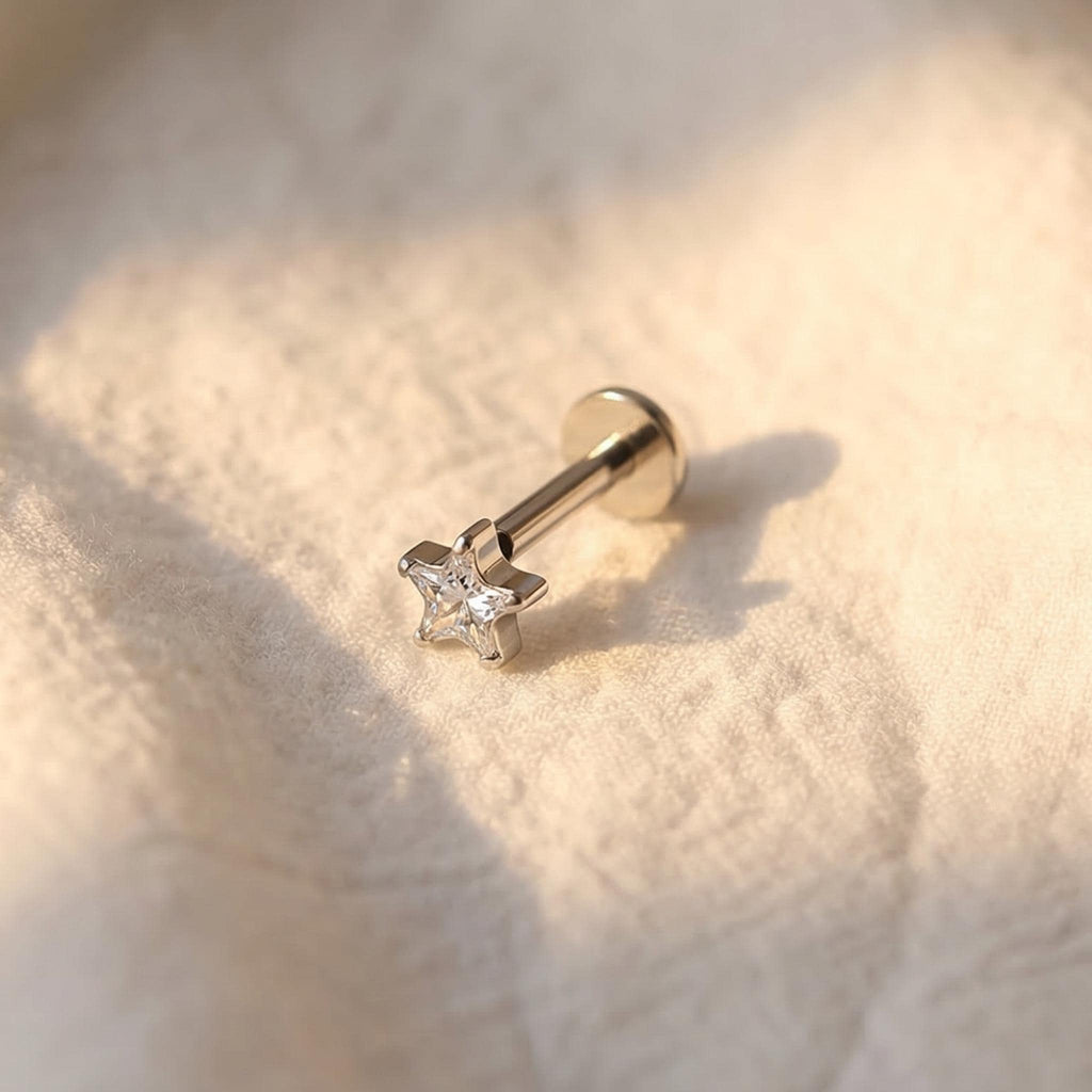 16G Titanium Cz Star Threadless Push Pin Labret, Star Flat Back Earring, Cartilage Stud, Nose Tragus Conch Helix Stud