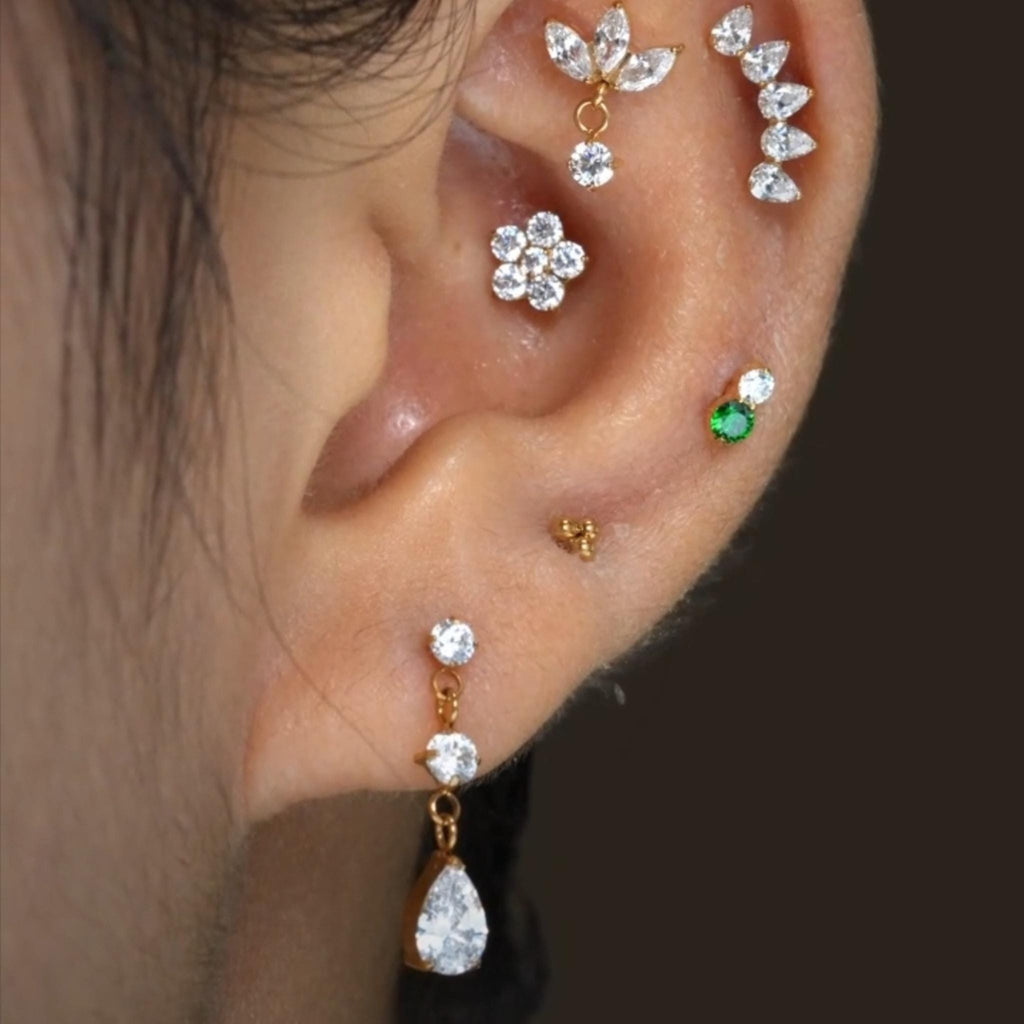 16G Titanium Teardrop Dangle Stud, CZ Pear Drop Cartilage Earring, Flat Back Helix Tragus Piercing, Hypoallergenic Labret