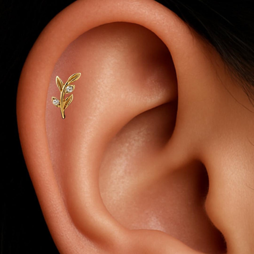 16G Titanium Olive Leaf Branch Stud • Flat Back Earring for Cartilage, Helix, Tragus, Conch & Labret Piercings / Dainty Jewelry Gift
