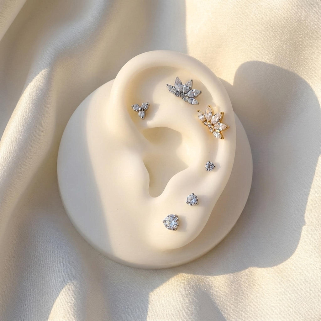 16G Titanium Lotus Flower Stud, Marquise CZ Fan Flat Back, Hypoallergenic Helix Tragus Conch Piercing, Floral Cartilage Jewelry
