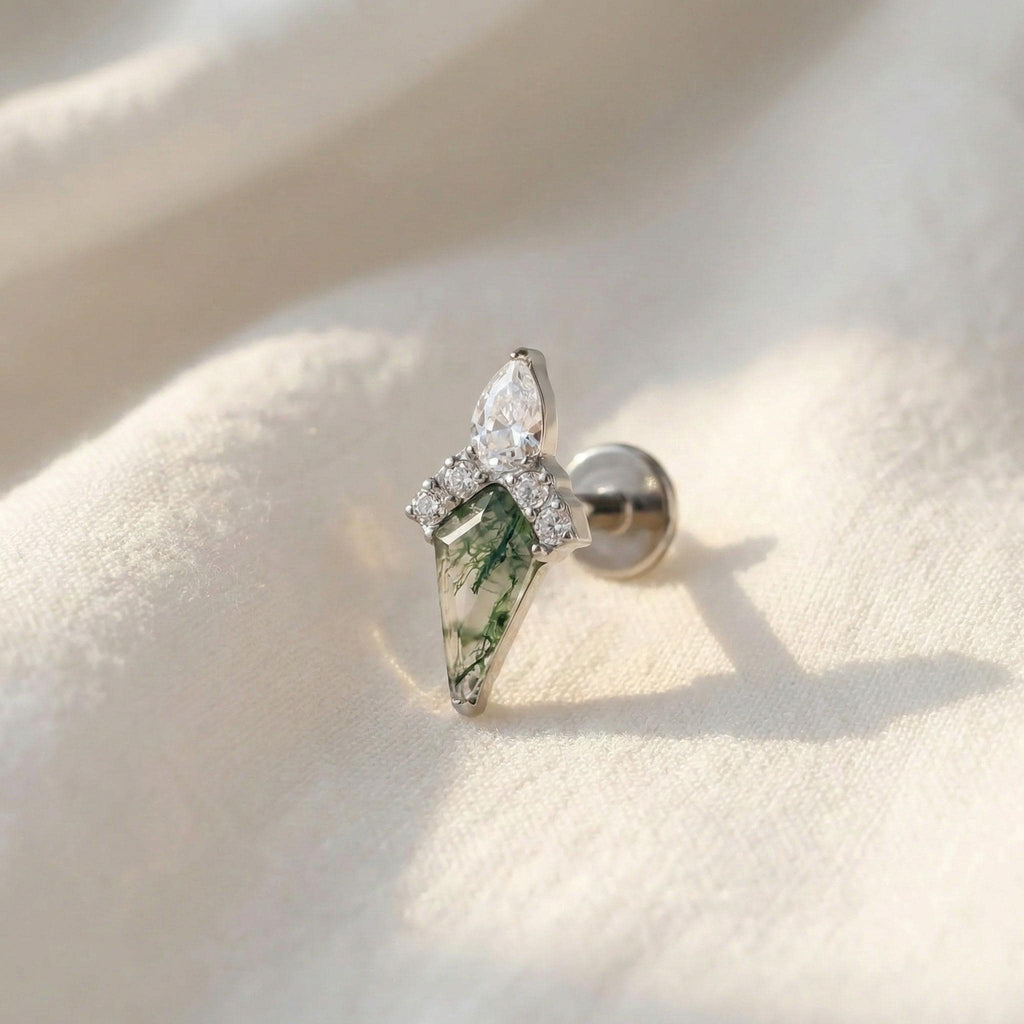 Titanium Moss Agate Labret Stud Earring • Flat Back Earring • Helix Earring • Tragu • Cartilage Earring • Nose Ring • Gift for Her