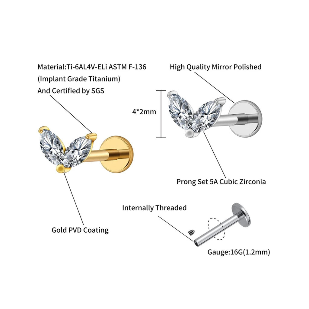 16G Titanium Double Marquise Stud, Tiny CZ Heart Flat Back Earring, Dainty Butterfly Leaf Helix Tragus Piercing, Minimalist Jewelry