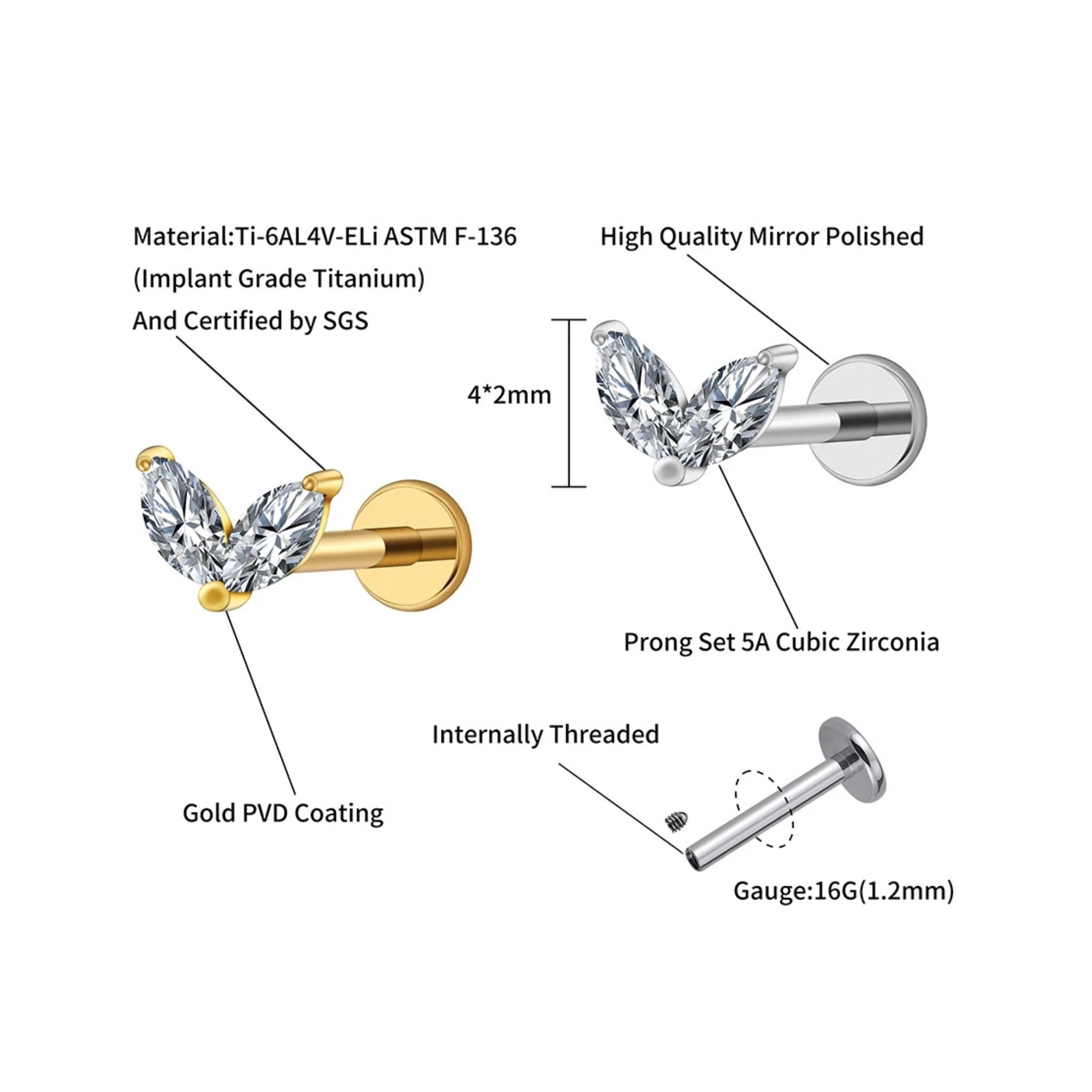 16G Titanium Double Marquise Stud, Tiny CZ Heart Flat Back Earring, Dainty Butterfly Leaf Helix Tragus Piercing, Minimalist Jewelry