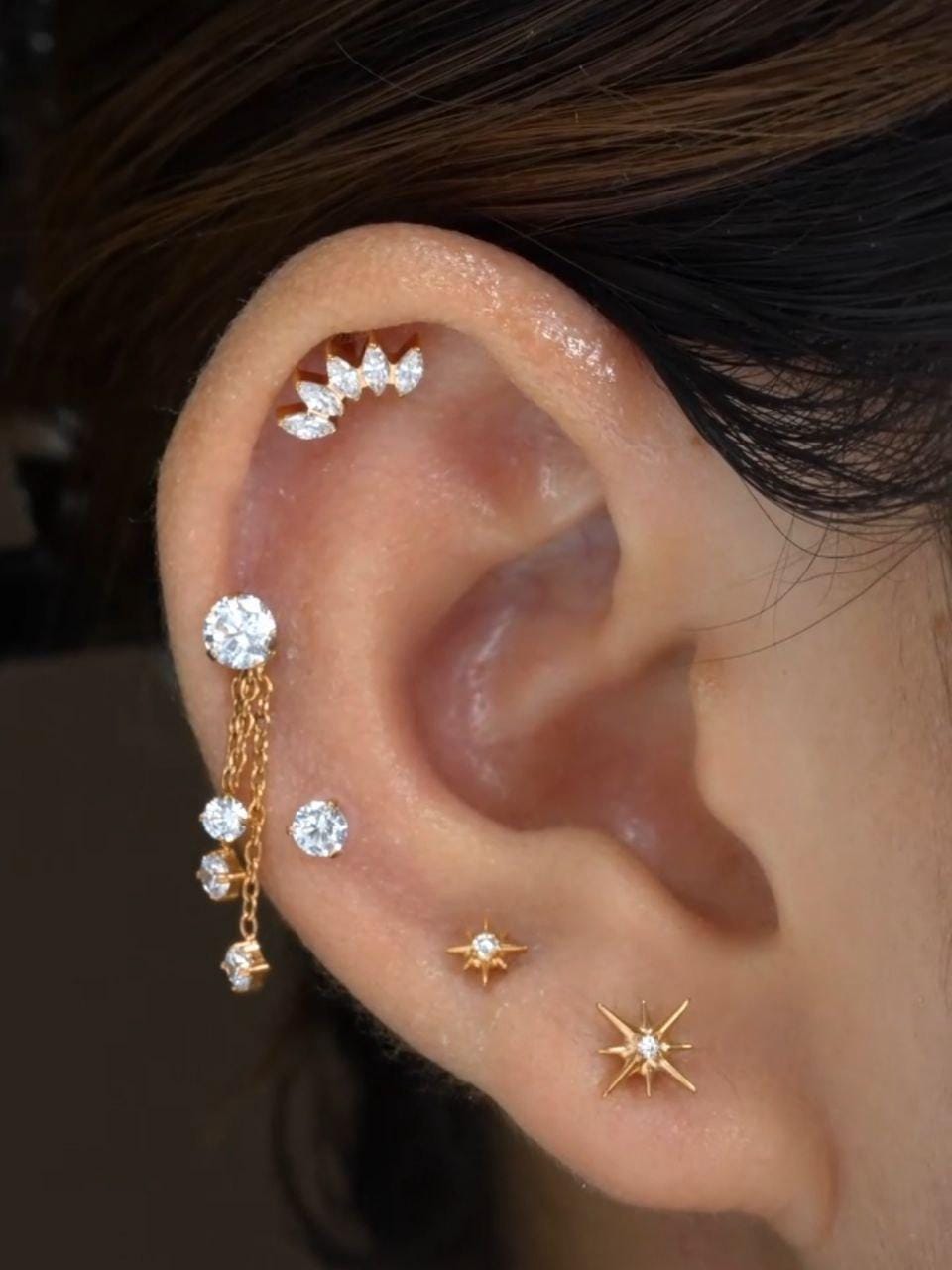 16G Titanium Marquise Fan Stud, CZ Crown Flat Back Earring, Crystal Cluster Helix Tragus Conch Piercing, Bridal Cartilage Jewelry