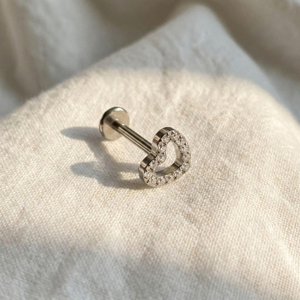 18G/16G Titanium Open Heart Cz Threadless Push Pin Labret, Heart Flat Back Earring, Cartilage Stud, Tragus, Helix, Conch, Nose Stud