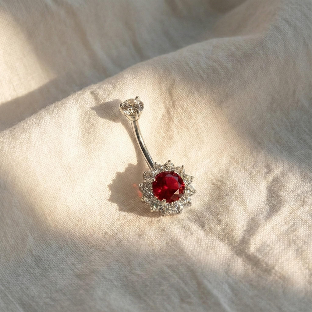 14G Titanium Halo Belly Ring, Opal Garnet CZ Navel Piercing, Luxurious Round Gem Body Jewelry, Curved Barbell ASTM F136