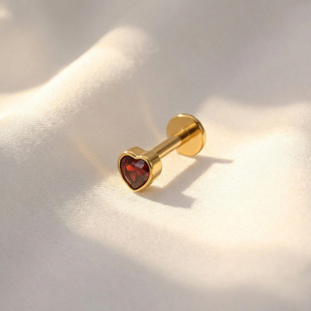 16G Titanium Heart CZ Flat Back Stud • Garnet Red Labret Earring for Helix, Cartilage & Tragus Piercings – Gothic Halloween Jewelry