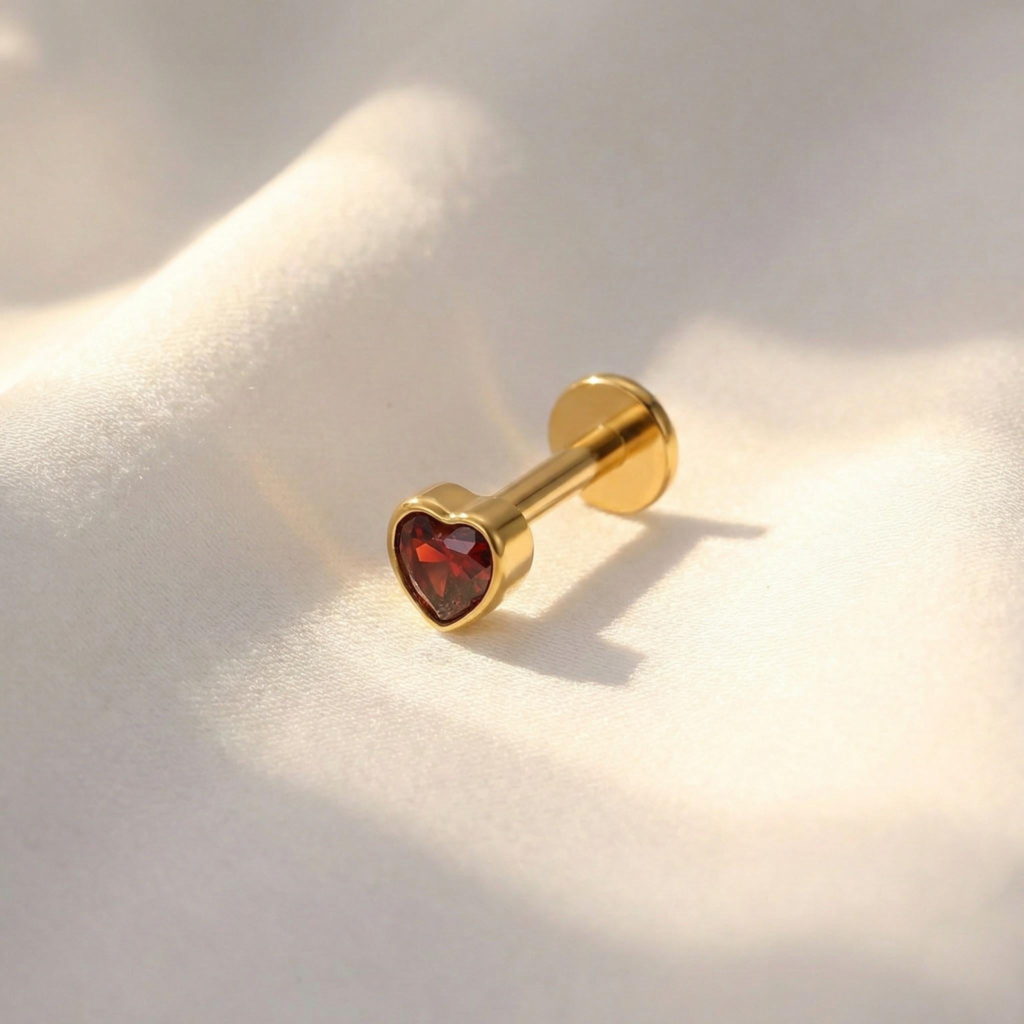 16G Titanium Heart CZ Flat Back Stud • Garnet Red Labret Earring for Helix, Cartilage & Tragus Piercings – Gothic Halloween Jewelry