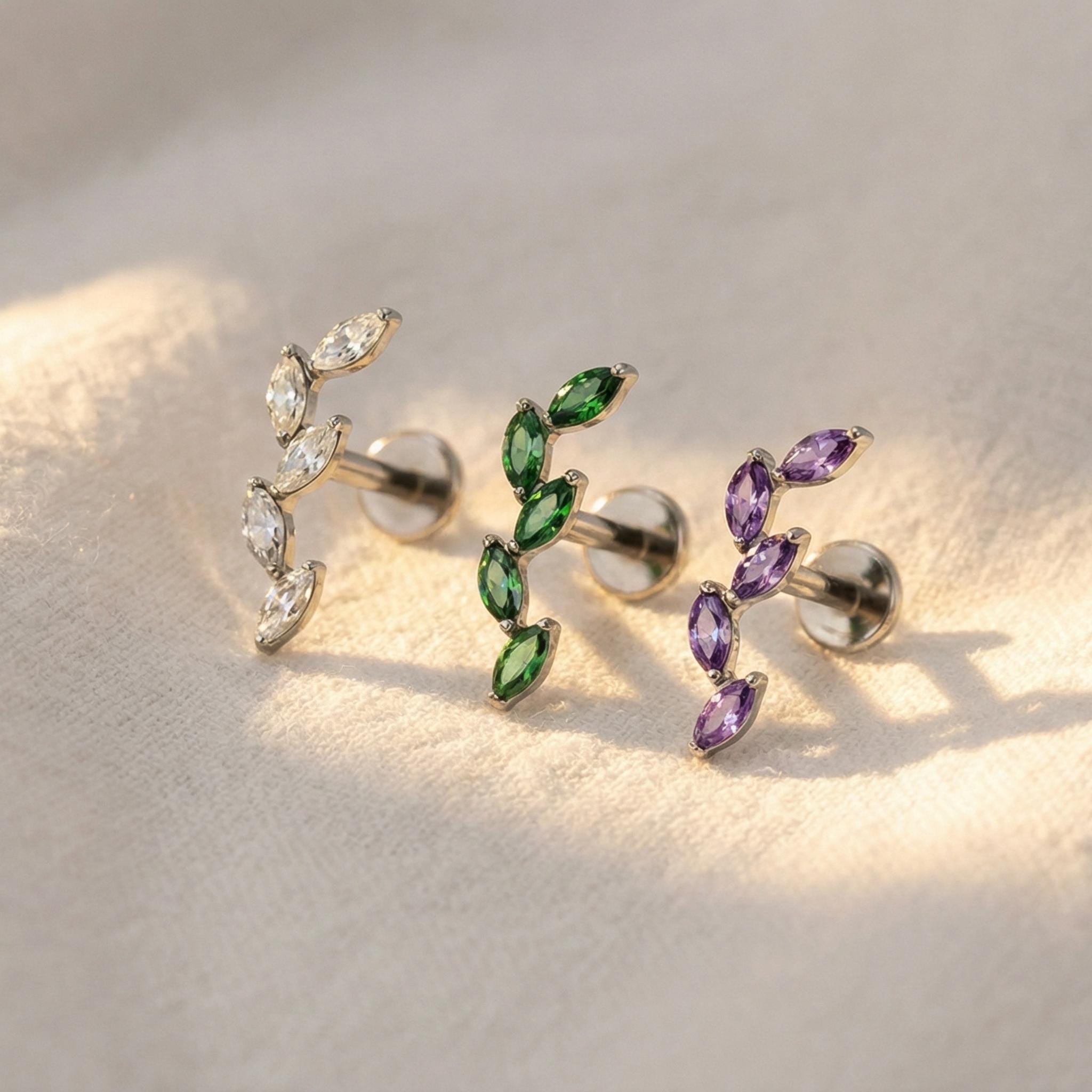 16G Titanium Leaf Ear Climber, 5 Marquise CZ Flat Back Labret, Cartilage Helix Crawler Stud, Hypoallergenic Piercing Jewelry