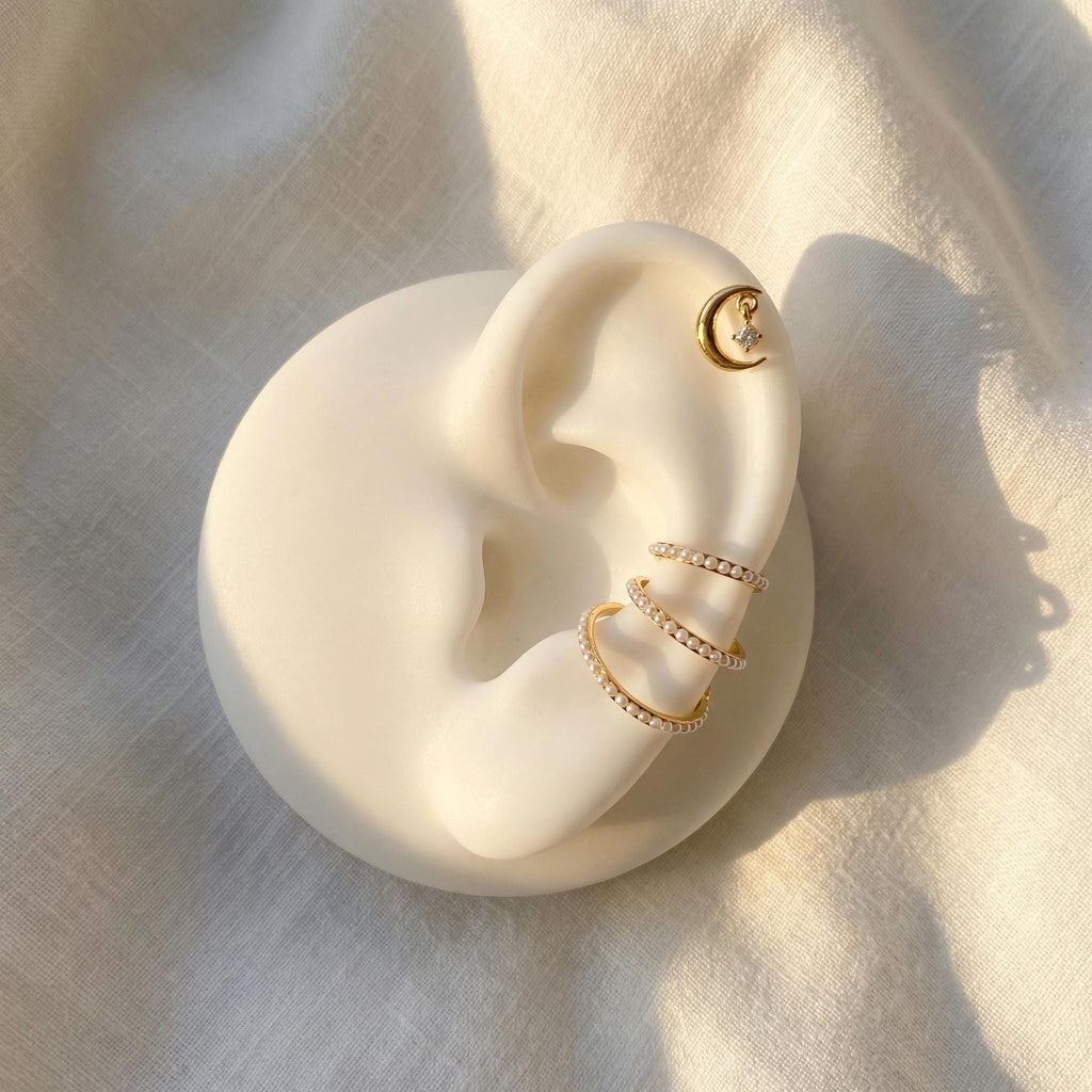 16G Titanium Moon Dangle Stud, CZ Crescent Flat Back Earring, Sparkly Helix Tragus Conch Piercing, Tiny Celestial Drop Jewelry