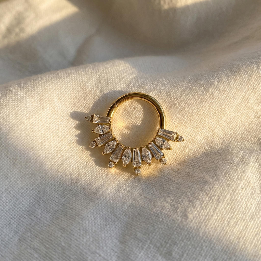 16G ASTM F136 Titanium Sunburst Clicker, Baguette CZ Daith Hoop, Gold PVD Cartilage Earring, Art Deco Rook Septum Piercing