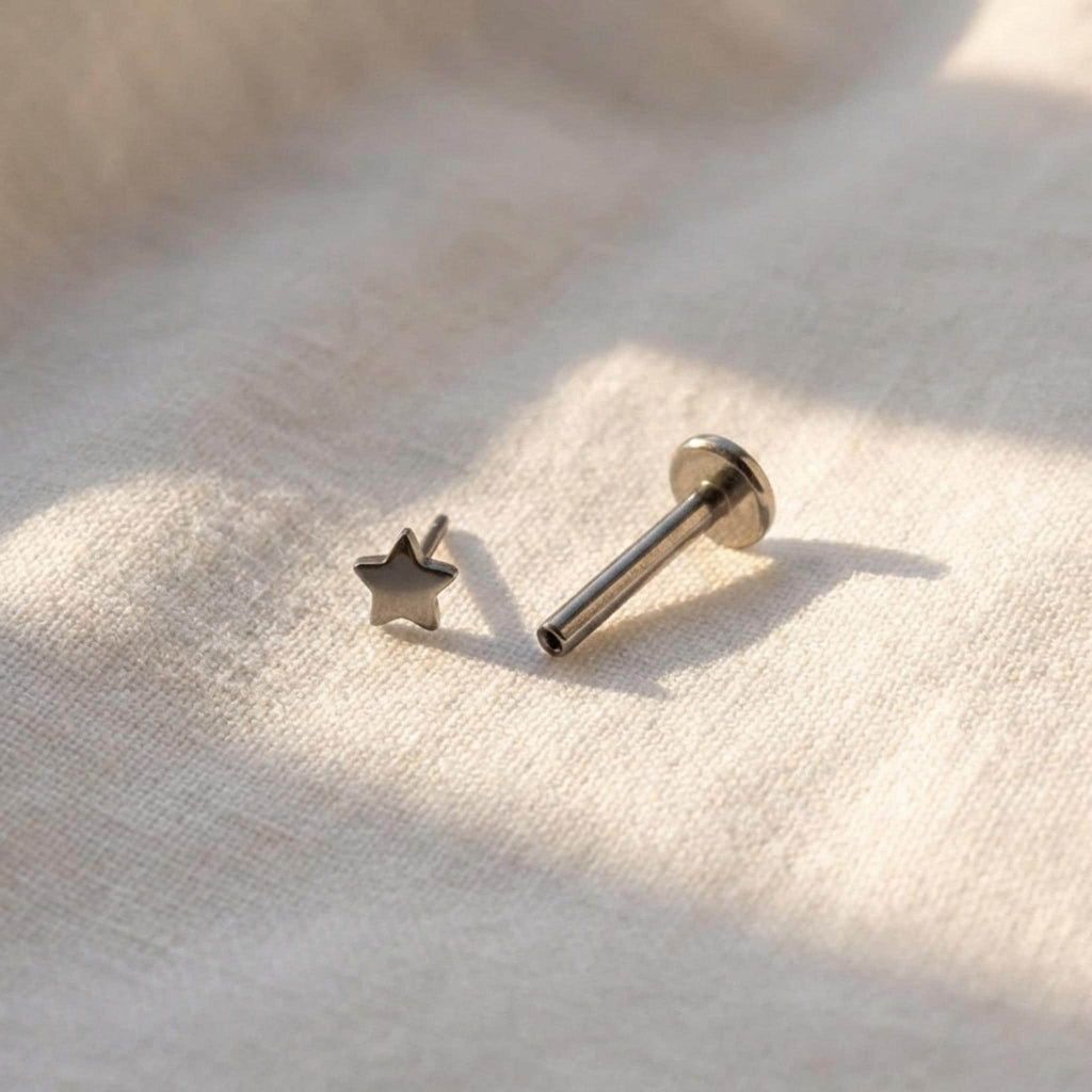 Titanium Threadless Star Stud, Push Pin Flat Back Earring, 16G 18G 20G Nose Piercing, Tiny Celestial Helix Tragus, Hypoallergenic Jewelry
