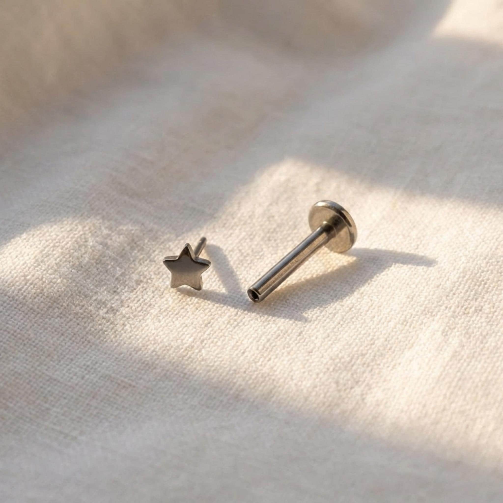 Titanium Threadless Star Stud, Push Pin Flat Back Earring, 16G 18G 20G Nose Piercing, Tiny Celestial Helix Tragus, Hypoallergenic Jewelry