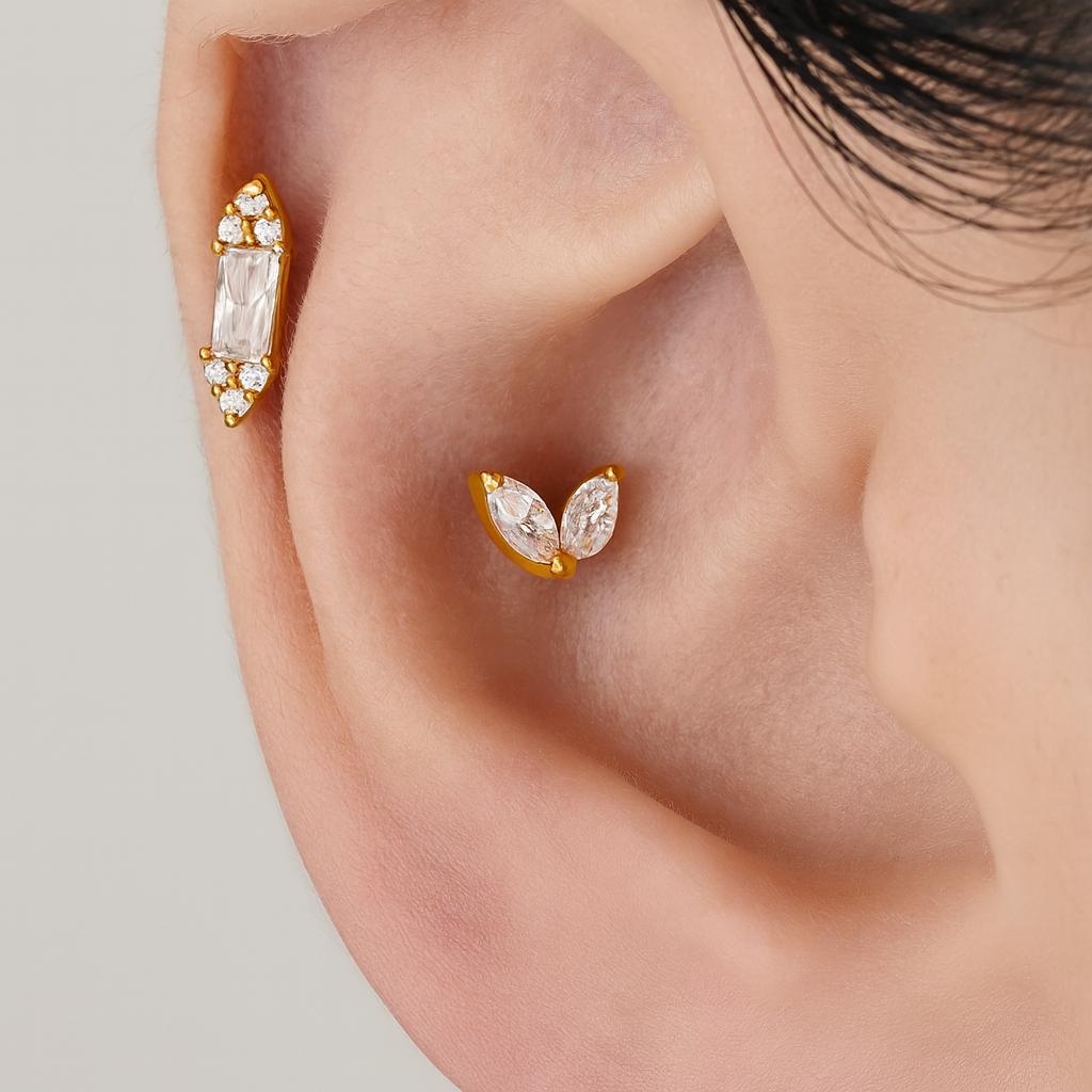 16G Titanium Double Marquise Stud, Tiny CZ Heart Flat Back Earring, Dainty Butterfly Leaf Helix Tragus Piercing, Minimalist Jewelry