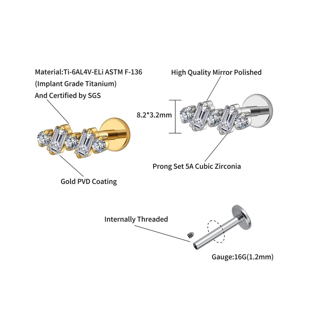 Angled view of the titanium art deco baguette CZ ear climber stud for helix piercings
