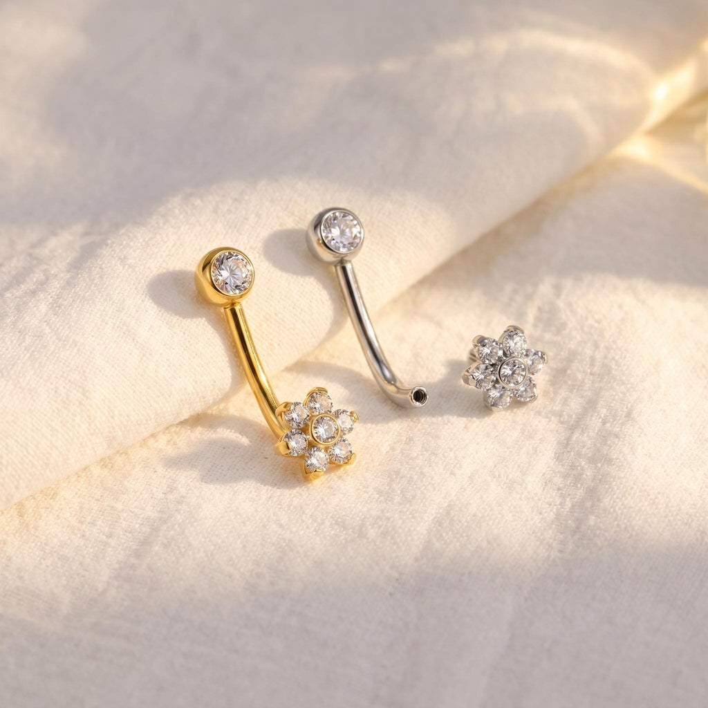 14G Titanium VCH Piercing, CZ Flower Christina Barbell, L-Bend Intimate Jewelry, Implant Grade Genital Ring, ASTM F136