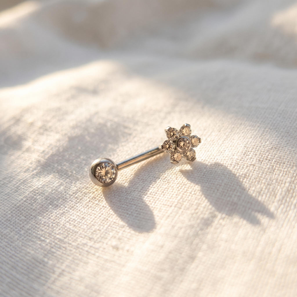 14G Titanium VCH Piercing, CZ Flower Christina Barbell, L-Bend Intimate Jewelry, Implant Grade Genital Ring, ASTM F136