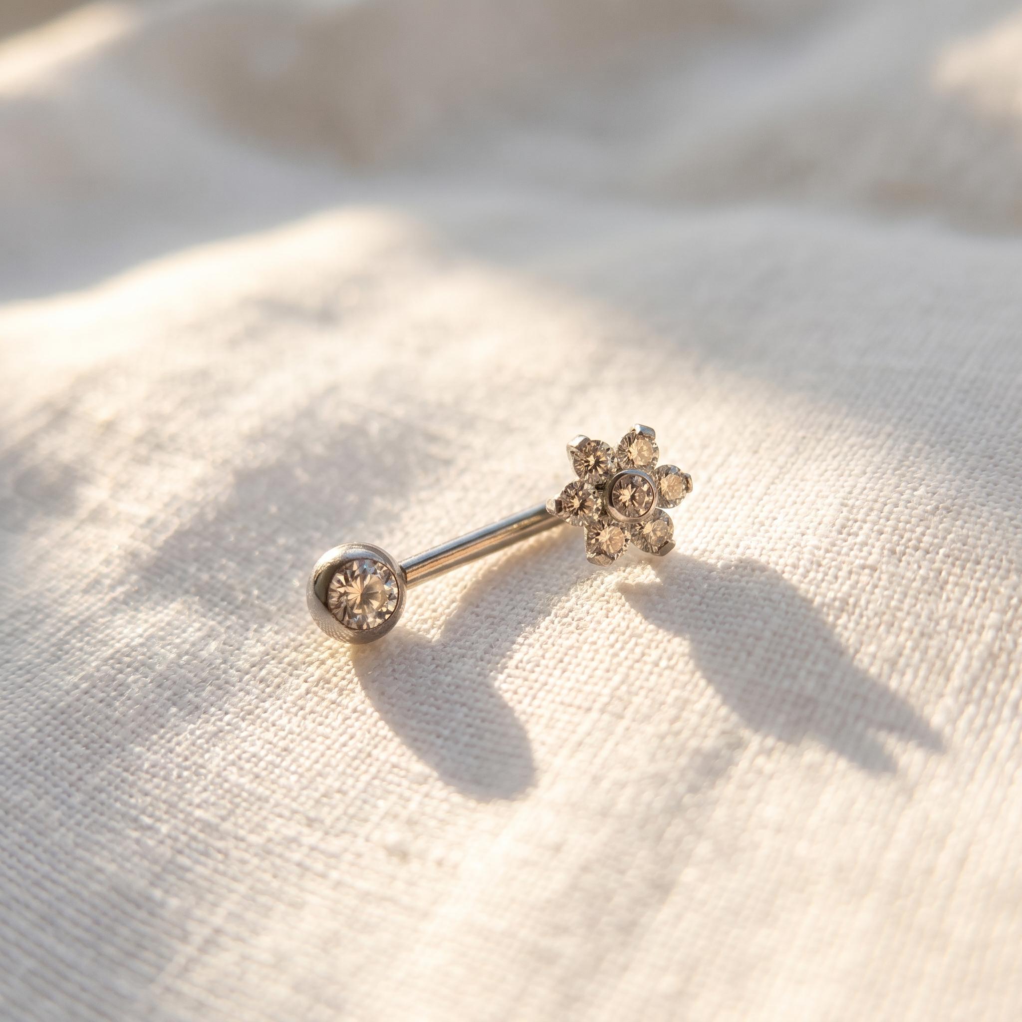 14G Titanium VCH Piercing, CZ Flower Christina Barbell, L-Bend Intimate Jewelry, Implant Grade Genital Ring, ASTM F136