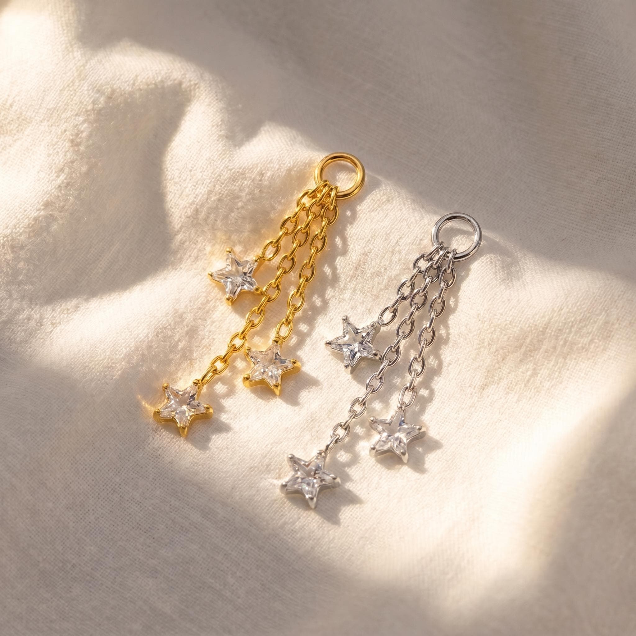 ASTM F136 Titanium Cartilage Hoop | Dainty Star CZ Dangle Helix Piercing | Triple CZ Chain Charm | Hypoallergenic Ear Jewelry