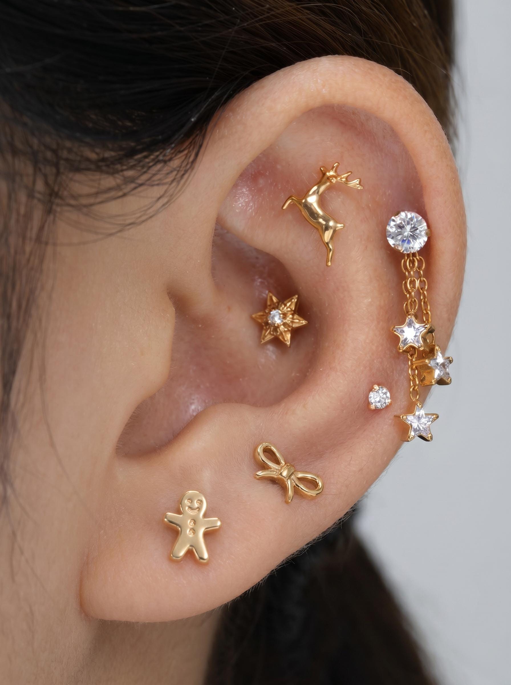 ASTM F136 Titanium Cartilage Hoop | Dainty Star CZ Dangle Helix Piercing | Triple CZ Chain Charm | Hypoallergenic Ear Jewelry