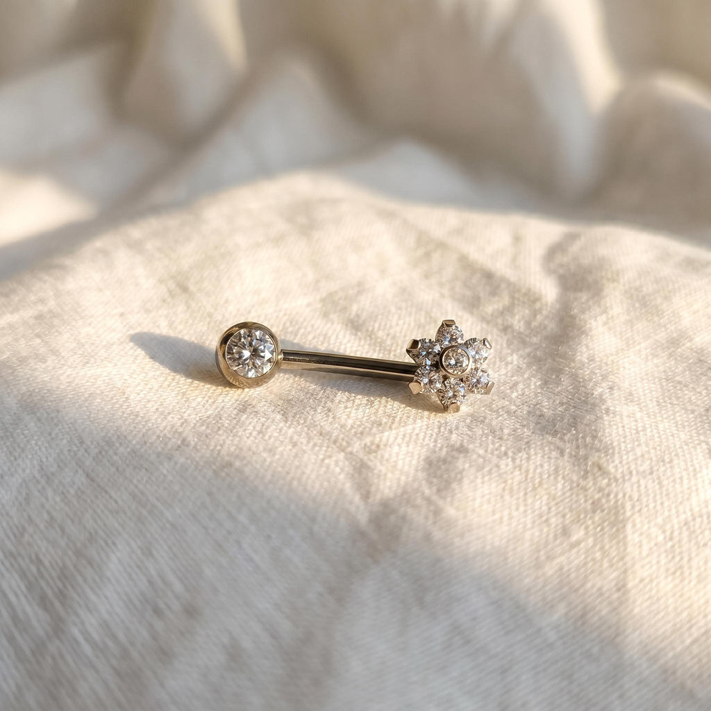 14G Titanium VCH Piercing, CZ Flower Christina Barbell, L-Bend Intimate Jewelry, Implant Grade Genital Ring, ASTM F136