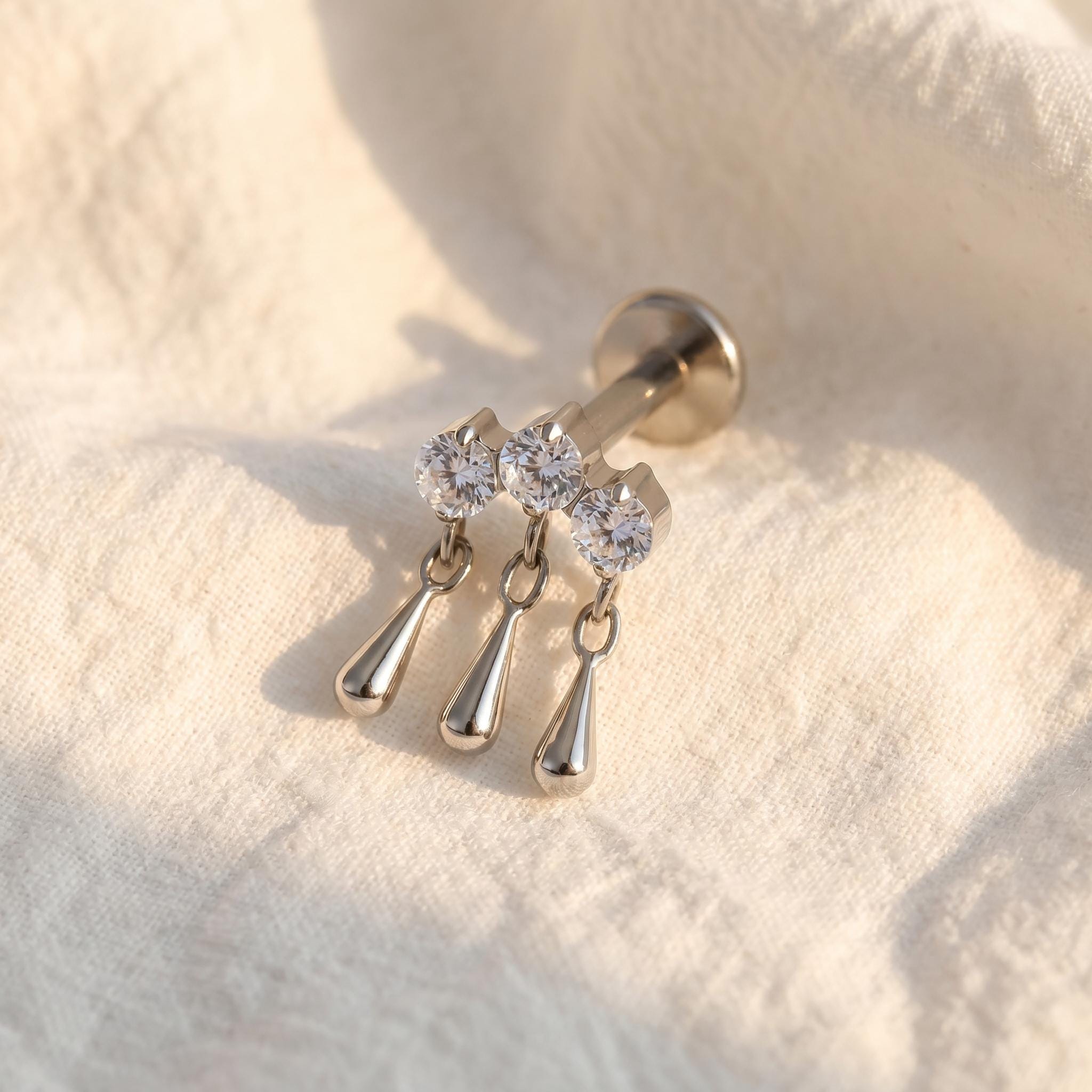 16G Titanium Hidden Helix Earring, Triple CZ Dangle Chain Cartilage Stud, Trinity Teardrop Charm, Flat Back Piercing Jewelry ASTM F136