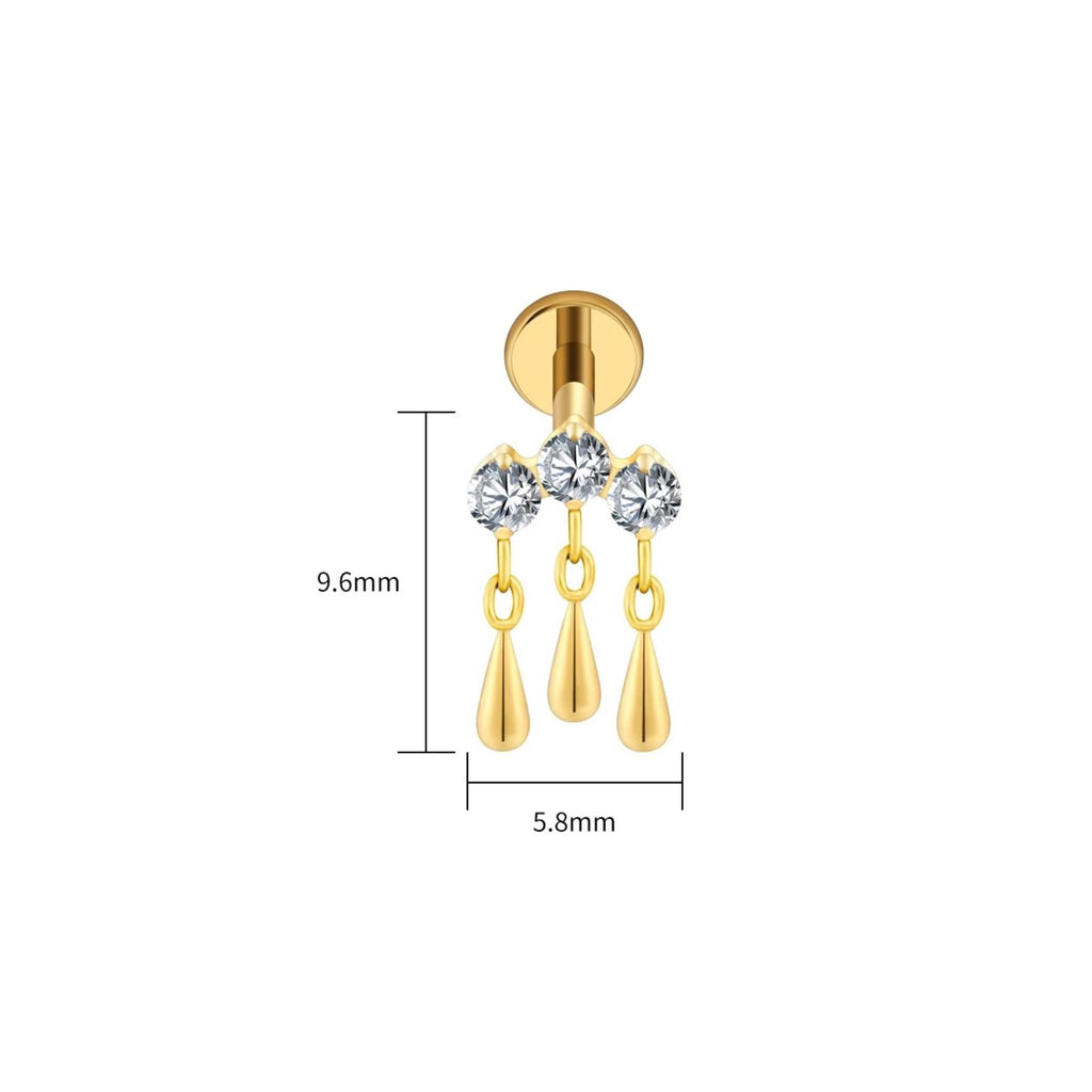 16G Titanium Hidden Helix Earring, Triple CZ Dangle Chain Cartilage Stud, Trinity Teardrop Charm, Flat Back Piercing Jewelry ASTM F136