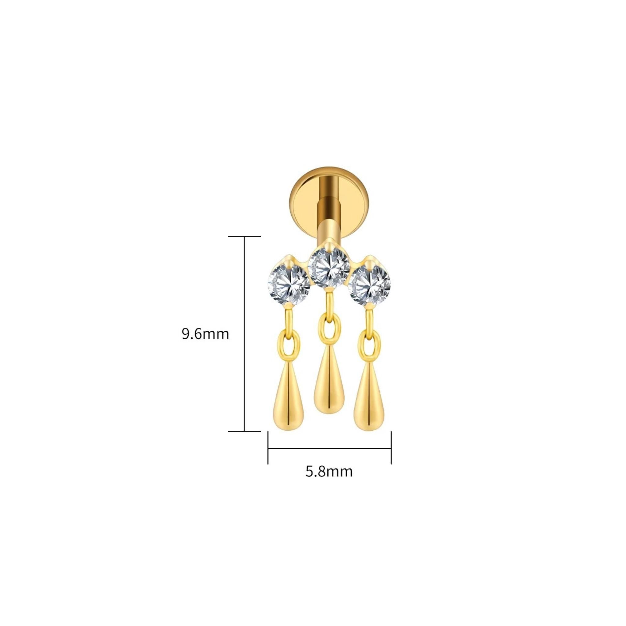 16G Titanium Hidden Helix Earring, Triple CZ Dangle Chain Cartilage Stud, Trinity Teardrop Charm, Flat Back Piercing Jewelry ASTM F136