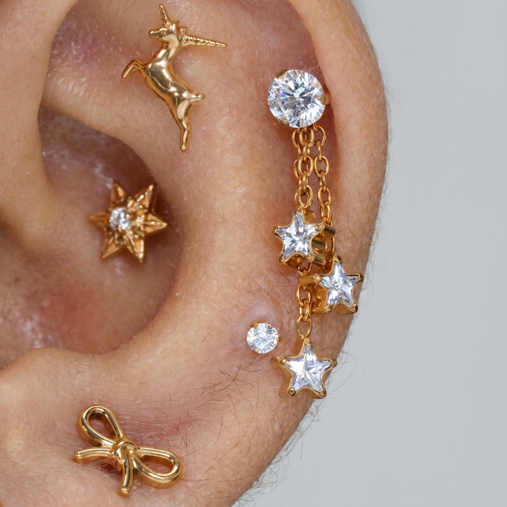 ASTM F136 Titanium Cartilage Hoop | Dainty Star CZ Dangle Helix Piercing | Triple CZ Chain Charm | Hypoallergenic Ear Jewelry